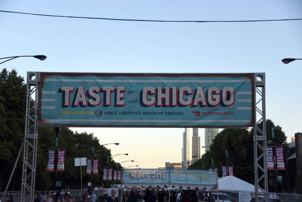 Taste of Chicago front entrance sign banner on Columbus Drive in Grant Park