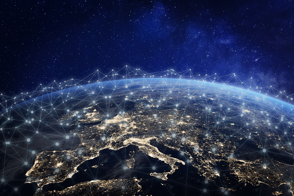 Satellite view of earth with connections which represents the global internet access, planned by Starlink