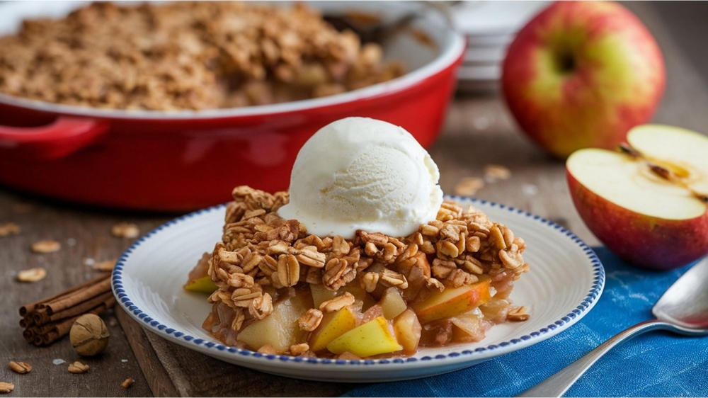 Apple Crisp: Warm, spiced apples baked under a crunchy oat topping. Served hot, often with vanilla ice cream for a classic dessert.