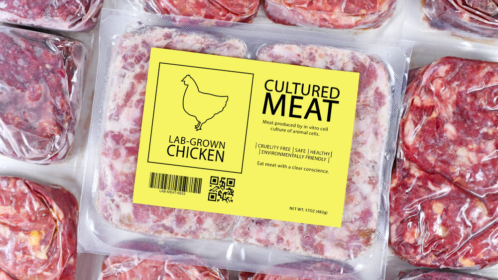 Cultured chicken meat concept for artificial in vitro cell culture meat production with frozen packed raw meat with label
