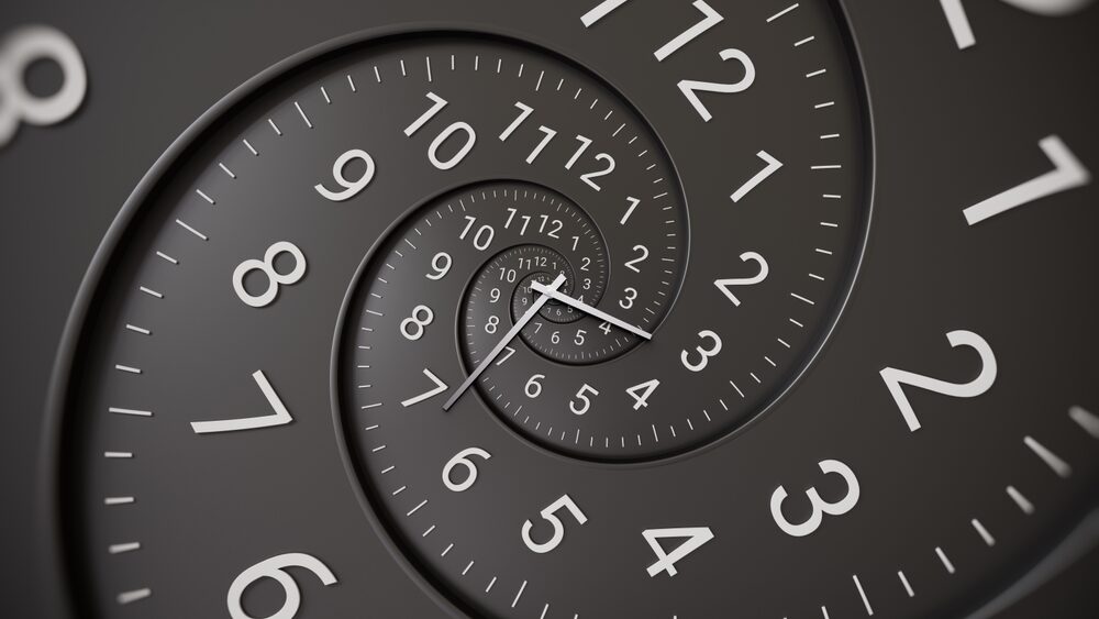 Abstract modern black spiral clock dial with arabic numerals. Concept of Infinite time, deadline, scheduling, time and space, past, present and future.

